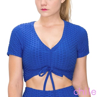 ✿Qc❣Tops de Yoga para mujer, manga corta fruncido cordón delantero Color sólido texturizado camisetas