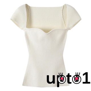 Up-mujer tejer camisa, manga corta cuello V Color sólido suéter Casual fiesta Club envuelto Tops (7)