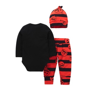 ╭trendywill╮Infant Newborn Baby Halloween Romper Tops +Pumpkin Stripe Pants+Hat Clothes Sets (2)