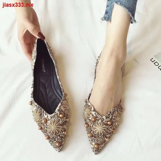 ❡Versi Korea kasut tunggal retro wanita dicetak kain berujung kasut rata berlian imitasi rivet scoop shoes mulut dangkal kasut wanita sol tunggal sepadan