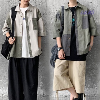 laliks costura color contraste manga corta camisa bolsillo hombres suelto casual top ropa de trabajo