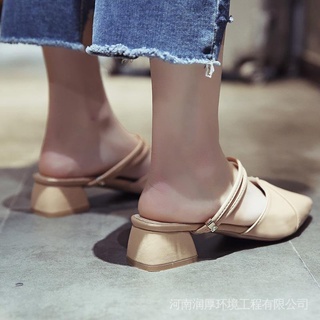 Sandalias De Tacón Grueso De Las Mujeres 2019 Perezoso Desgaste Exterior Muller Zapatos De Dos Prendas Medio Primavera Puntera Media Zapatillas 3.9 (5)