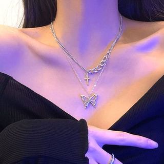 J&L 2PCS/Set Delicate Necklace Jewelry Charm Silver Alloy Double Layers Butterfly Cross Chain Necklaces Set for Women