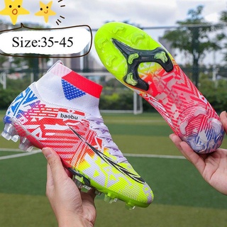[Size35-45] botas de fútbol zapatos para Big Boy Turf interior juvenil zapatos de fútbol de alta parte superior botas de tobillo colorido cinta para hombres entrenamiento al aire libre