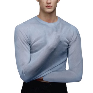 super-m hombres cómodo shinny malla transparente manga larga cuello redondo camiseta delgada