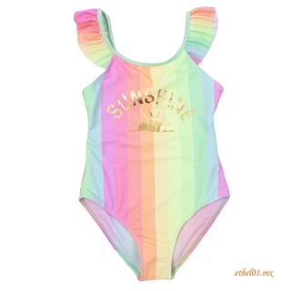 KHH-Kids traje de baño de una pieza, letras de las niñas arco iris raya O-cuello mosca manga