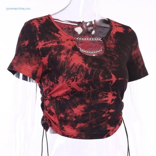 SYM mujer gótico Punk manga corta camiseta contraste Color Tie-Dye impreso Crop Top cadena de Metal lado cordón delgado verano Streetwear