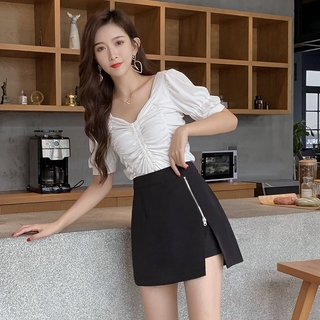 Mujer Koreane cintura alta delgada cremallera negro Irregular Skorts (4)