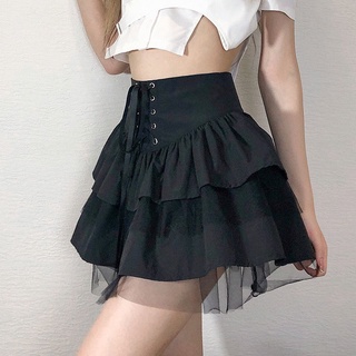 Retro Goth malla costura alta cintura burbuja falda chica caliente All-Match encaje-up figura favorecedor vestido de niveles (1)