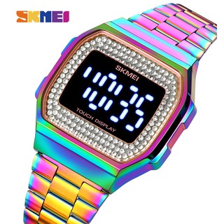 SKMEI Fashion Ladies LED Waterproof Watch Personality Full Diamond Dial Steel Belt Female Led Electronic Watch
