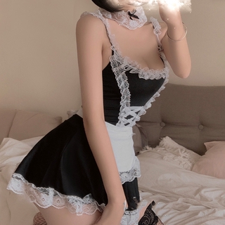 Women Sexy Lace Maid Splicing Sling Siamese Thong Underwear Maid Skirt Dress (5)