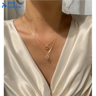 Collar de oro de moda con colgante de corazón de diamantes de imitación de doble capa collar elegante para mujer accesorios de joyería