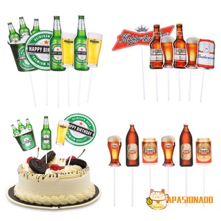 APASIONADO 6 piezas / set Bandera de pastel Verde Hornear DIY Tapa de pastel de cerveza Fiesta Rojo Decoración de bodas Feliz cumpleaños a ti. Cupcake cover/Multicolor