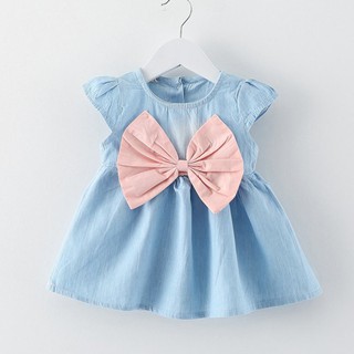 Baby Girls Clothing Dress Bow-knot Short Sleeve Denim Mini Dress 0-2Yrs