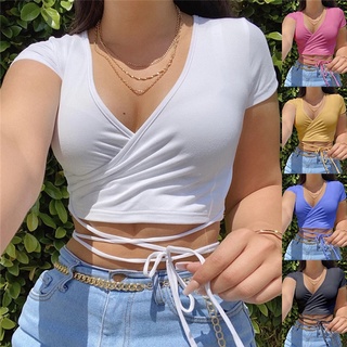 Women Fashion Solid Color Sexy V-neck Crop Tops Slim Fit Summer Short Sleeve