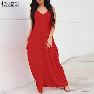ZANZEA Women Casual Sleeveless V-Neck Solid Color Loose Spaghetti Strap Maxi Dress (4)
