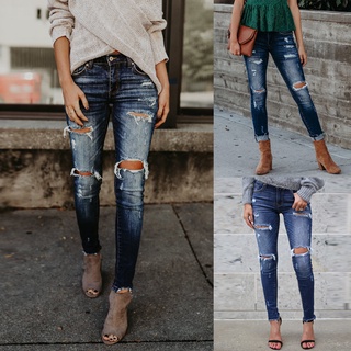 mujer de talle alto flaco agujero denim botón estiramiento delgado pantalones de longitud de pantorrilla jeans