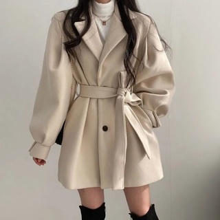 coreano-stylechiotoño e invierno nuevo estilo retro todo-partido elegante traje cuello cintura hermético linterna manga media longitud abrigo mujeres (1)