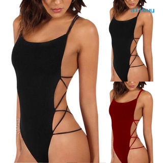 (allbuy) Sexy Strappy Backless Women Solid Color Monokini One-piece Swimwear Bodysuit