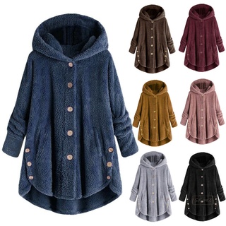 Mujer invierno cálido esponjoso abrigo botón chamarra Tops sueltos con capucha Outwear (1)