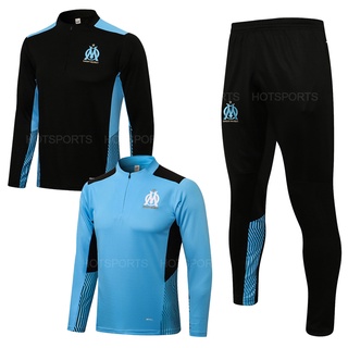 21-22 marsella Halfzip negro/azul de manga larga de los hombres de fútbol chándal de fútbol ropa de entrenamiento de alta calidad S-2XL