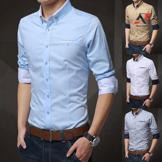 Am hombres de negocios Color sólido manga larga bloque de Color puño delgado botones abajo camisa (2)