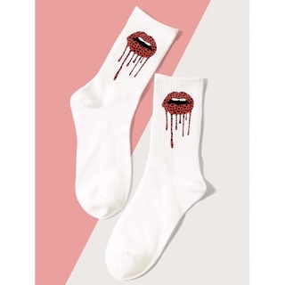 calcetas/calcetines blancas al tobillo estampado de labios
