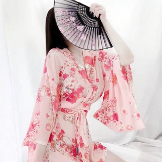 Cosplay rosa tierno sexy pijamas conjunto nuevo estilo sexy ropa interior gasa impreso kimono (1)