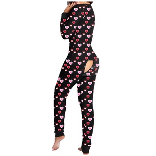 Women Print Long Sleeve Button Flap Nightwear Jumpsuit Bodysuit Playsuit Romper