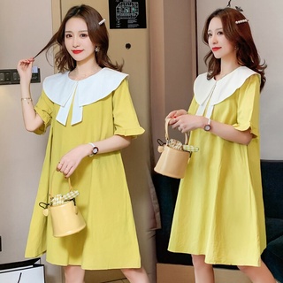 7U20 vestido de maternidad verano dulce amarillo mangas cortas suelta moda más el tamaño Midi vestido de las mujeres embarazadas vestido