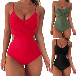 (wopyt.br) Bikini Sexy para mujer traje de baño de una pieza Color sólido bañador natación Beachwear