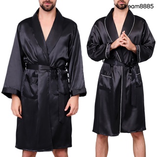 [DRBR Undr] hombres verano imitación seda con bolsillos cintura cinturón baño túnica hogar vestido ropa de dormir