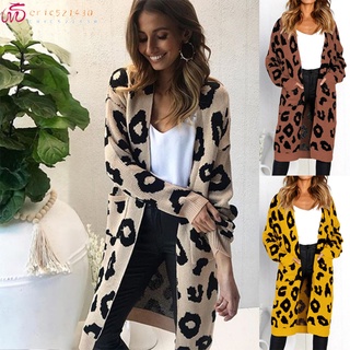 eric521430 Women Loose Long Cardigan Leopard V-neck Pockets Autumn Winter Knitting Sweater Coat
