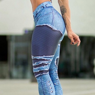Sexy Mujer Leggings denim Impresión Jeans Cintura Alta Elástico Pantalones Running Push Up (6)