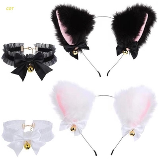 GOT Faux piel gatito orejas diadema con gargantilla Collar conjunto dulce Bowknot campanas Lolita pelo aro Anime Maid Cosplay disfraces accesorios (1)
