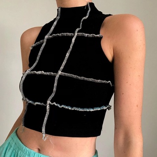 2021 Fashion Patchwork Punk Tank Top Women Summer Sleeveless Stitching Rib Knit Slim Fit Crop Tops Casual Vest Shirts Streetwear