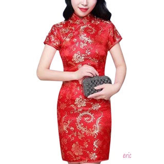 ❀LChic-Women Chinese Cheongsam, Vintage Short Sleeve Floral Print Split Hem (1)
