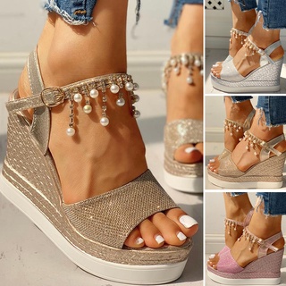 Reborny_mujeres Moda Cuñas Plataformas Cristal Perla Zapatos Sandalias