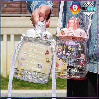 ✦EZGO✦1300ML DIY Pegatinas Botella de agua sin BPA Gran capacidad Vaso lindo Botella deportiva portátil con correa de paja⁎⁎⁎HOT!!⁎⁎⁎