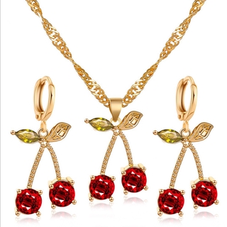 Fashion Crystal Cherry Pendant Necklace Hoop Earrings Women Wedding Banquet Jewelry