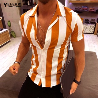 Camisa Casual con cuello con estampado De Manga corta rayas verticales con botones para hombre (5)