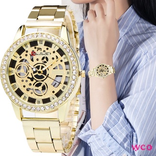Reloj de cuarzo a la moda para mujer clásico de diamantes de imitación hueco reloj con correa de muñeca de acero