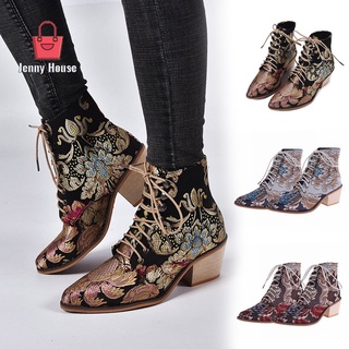 Botines bordados Vintage para mujer/botas de tobillo de tacón grueso medio puntiagudas