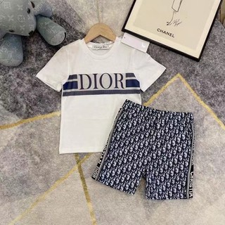 1 conjunto Dior_ Kids Boutique manga corta +Dior_letter oblique pantalones cortos niño niña niño bebé Unsex moda conjunto Musim Panas bebé niño algodón Kartun T-shirt niño