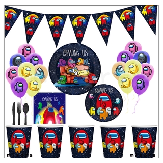 Entre nosotros juego tema decoración de cumpleaños mantel placa de papel tazas fiesta globo bandera de cumpleaños fiesta suministros Mis (1)