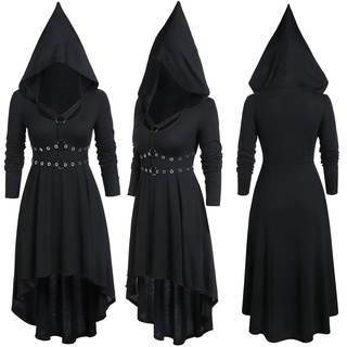 Women's Plus Size Hooded Lace Up Gothic Criss Cross Long Sleeve Long Dress