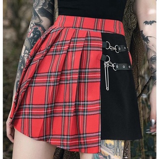 mini falda plisada para mujer, estilo punk, cintura alta, estampado a cuadros, una línea corta