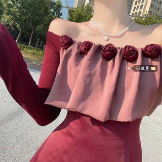French retro Hong Kong style one line collar off shoulder sexy dress early autumn new femininity foreign style wearing A-line skirt (1)