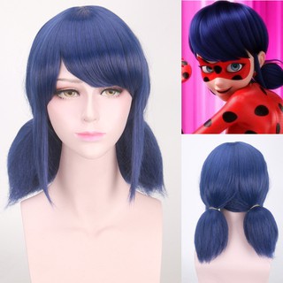 Ladybug pelucas Peluca Marinette niñas mujeres Cosplay doble cola de caballo trenzas corto pelo azul recto para niño