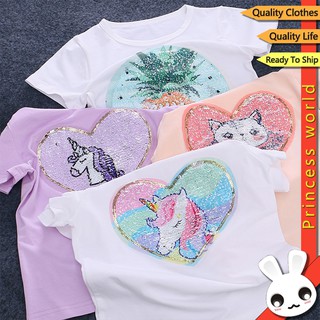 Bebé Niños Niña Camisetas Cambiar Cara Color Mágico Decoloración Unicornio Manga Corta Algodón Lentejuelas Paillettes Tops Camiseta (1)